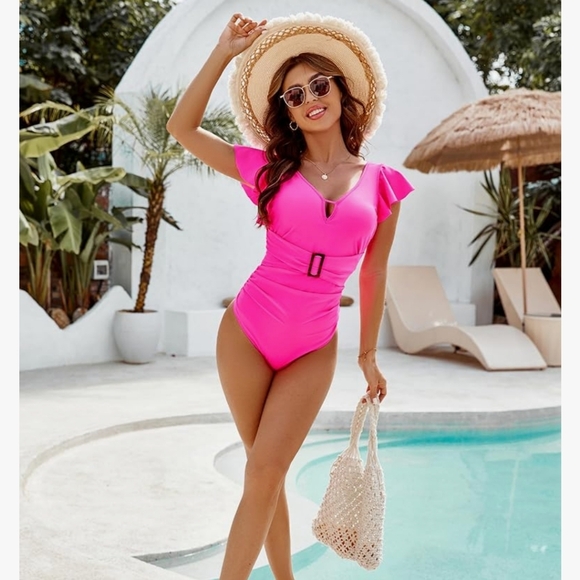 Pink Tummy Control Swimsuits with Cut Out Ruffles and Strap at Waist Size XXL - Picture 3 of 16